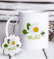 BK Gift Kişiye Özel Papatya Tasarımlı Beyaz Kupa ve Anahtarlık Hediye Seti-4 (Model 1)