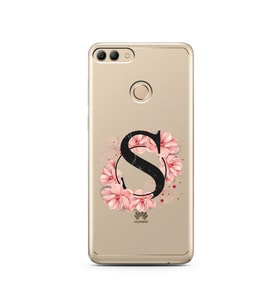 Pembe Çiçekli Harf Tasarım Süper Şeffaf Silikon Telefon Kılıfı Huawei Y9 2018 S-