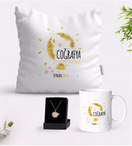 BK Gift Kişiye Özel Coğrafya Öğretmeni Beyaz Kupa Yastık ve İsimli Papatya Kolye Hediye Seti-3 (Model 1)