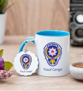 Polis Amblemli Mavi Kupa Bardak Ve Anahtarlık Set