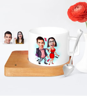 BK Gift Kişiye Özel Sevgililer Karikatür Ahşap Altlıklı Seramik Fincan  4