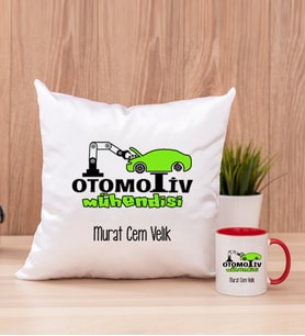 Otomotiv Mühendisi Kare Yastık ve Kırmızı Kupa Bardak