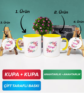 İkili Sarı Kişiye Özel İsim Yazılı Çiçek Tasarımlı Kupa Bardak Anahtarlık Hediye Seti