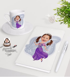 BK Gift Kişiye Özel Kız Çocuk Prenses Karikatürlü Beyaz Defter Kalem Türk Kahvesi Fincanı Seti-3 (Model 1)