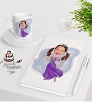 BK Gift Kişiye Özel Kız Çocuk Prenses Karikatürlü Beyaz Defter Kalem Türk Kahvesi Fincanı Seti-3 (Model 1)