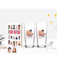 BK Gift Kişiye Özel Renkli Baskılı Sevgililer Karikatürlü İkili Rakı Bardağı ve Rakı Cep Kitabı Hediye Seti-8 (Model 1)