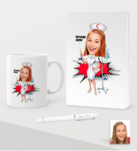 BK Gift Kişiye Özel Hemşire Karikatürlü Beyaz Defter Kalem Kupa Seti - 2 (Model 1)