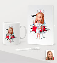 BK Gift Kişiye Özel Hemşire Karikatürlü Beyaz Defter Kalem Kupa Seti - 2 (Model 1)
