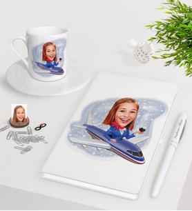BK Gift Kişiye Özel Hostes Karikatürlü Beyaz Defter Kalem Türk Kahvesi Fincanı Seti-1 (Model 1)