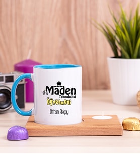 Maden Teknolojisi Öğretmeni Ahşap Altlıklı Mumlu Mavi Kupa Bardak