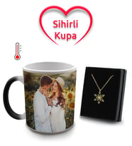 Romantik Kalpli Kişiye Özel Fotoğraflı Sihirli Kupa & Gold Renk Kar Tanesi Kolye Hediye Seti
