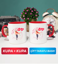 İkili Sevgiliye Sevgililer Günü Hediyesi 2 Kupa Bardak Kırmızı