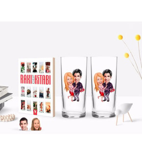 BK Gift Kişiye Özel Renkli Baskılı Sevgililer Karikatürlü İkili Rakı Bardağı ve Rakı Cep Kitabı Hediye Seti-2 (Model 1)