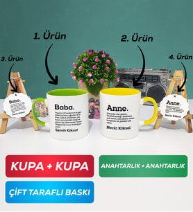 İkili Yeşil Sarı Kişiye Özel Baba ve Anne Kupa Bardak Anahtarlık Hediye Seti