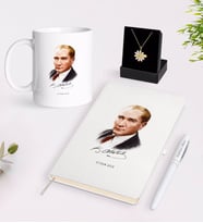 BK Gift Kişiye Özel Atatürk Temalı Beyaz Kupa Defter Kalem ve İsimli Papatya Kolye Hediye Seti-12 (Model 1)