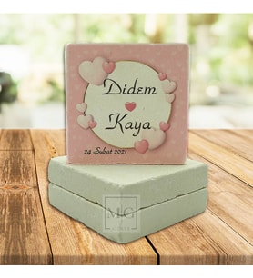 Uv Baskılı Doğal Taş Nikah Hatırası 5 cm x 5 cm Pembe Kalpli
