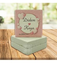 Uv Baskılı Doğal Taş Nikah Hatırası 5 cm x 5 cm Pembe Kalpli
