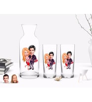 BK Gift Kişiye Özel Renkli Baskılı Sevgililer Karikatürlü İkili Rakı Bardağı ve Karaf Hediye Seti-2 (Model 1)