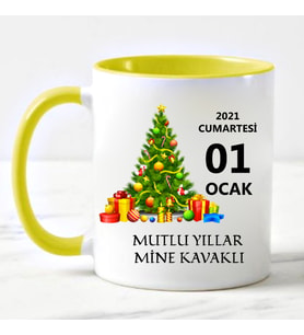Kişiye Özel Yılbaşı Tasarımlı Kupa Bardak Sarı