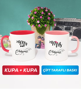 İkili Çiftlere Özel Mr Mrs Sevgiliye Hediye Kupa Bardak Kırmızı Pembe