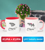 İkili Çiftlere Özel Mr Mrs Sevgiliye Hediye Kupa Bardak Kırmızı Pembe