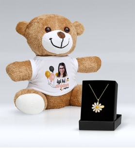 BK Gift Kişiye Özel İsimli Papatya Kolye ve Fotoğraflı Doğum Günü Peluş Ayıcık Hediye Seti-11 (Model 1)