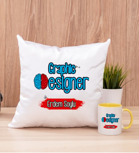 Grafiker Kare Yastık ve Sarı Kupa Bardak