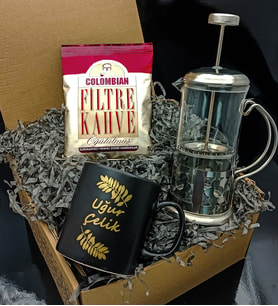 Kişiye Özel Siyah Kupa & Metal Kaplama Cam French Press & Colombian Kahve Hediye Seti