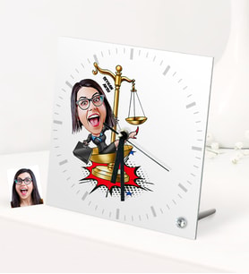 BK Gift Kişiye Özel Bayan Avukat Karikatürlü Masaüstü Kare Cam Saat - 4 (Beyaz)