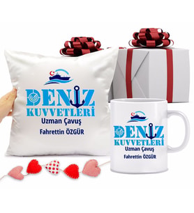 Deniz Kuvvetleri Uzman Çavuş Bardağı ve Yastığı Hediye Seti (Model 1)