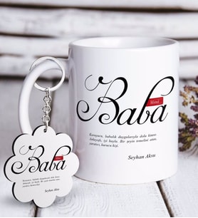 BK Gift Kişiye Özel Mânâ Baba Beyaz Kupa ve Anahtarlık Hediye Seti (Model 1)