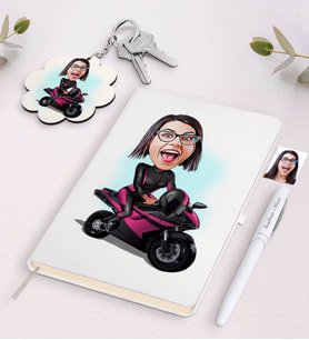 BK Gift Kişiye Özel Kadın Motorcu Karikatürlü Beyaz Defter Kalem ve Anahtarlık Hediye Seti (Model 1)
