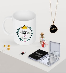 BK Gift Kişiye Özel Kraliçe Annem Kupa Ayna ve Siyah Mineli Kolye Seti (Model 1)