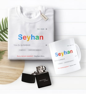 BK Gift Kişiye Özel Google Yılın En İyi Babası Tişört Kupa Benzinli Çakmak Hediye Seti (Model 1)