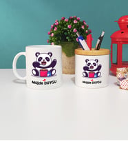 Sevimli Panda Tasarımlı Kişiye Özel Panda Kupa Bardak ve Kalemlik Seti