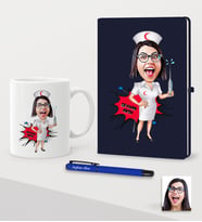 BK Gift Kişiye Özel Hemşire Karikatürlü Lacivert Defter Kalem Kupa Seti - 1 (Model 1)
