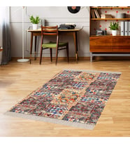 Kırkyama Patchwork Desenli Etnik Dijital Baskı Yıkanabilir Kaymaz Taban Salon Halı ve Yollu (Çok Renkli)