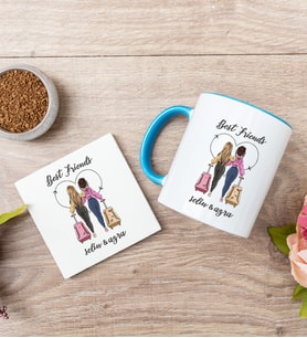 Best Friends İki İsimli Mavi Kupa Bardak ve Bardak Altlığı