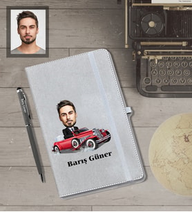 Kişiye Özel İş Adamı Karikatürlü Gri Defter Kalem Hediye Seti  Bay-28
