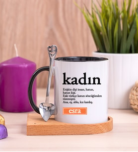 Kadın Kelime Anlamı Ahşap Altlıklı Siyah Kupa Bardak