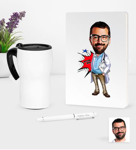 BK Gift Kişiye Özel Bay Doktor Karikatürlü Beyaz Defter Kalem ve Termos Mug Seti - 3 (Model 1)