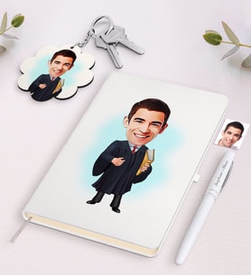 BK Gift Kişiye Özel Erkek Avukat Karikatürlü Beyaz Defter Kalem ve Anahtarlık Hediye Seti-1 (Model 1)