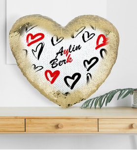 BK Gift Kişiye Özel Sevgililer Günü Altın Yaldız Sihirli Kalp Yastık  70