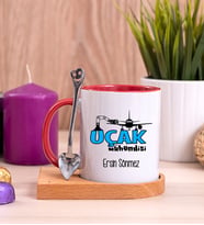 Uçak Mühendisi Ahşap Altlıklı Kırmızı Kupa Bardak