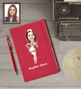 Kişiye Özel Hemşire Karikatürlü  Kırmızı Defter Kalem Hediye Seti Bayan-3
