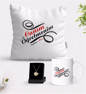 BK Gift Kişiye Özel Canım Öğretmenim Beyaz Kupa Yastık ve İsimli Papatya Kolye Hediye Seti-2 (Model 1)