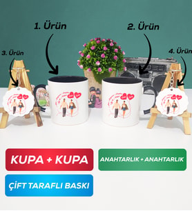 İkili Siyah Siyah Sevgiliye Sevgililer Günü Hediyesi 4 Kupa Bardak Anahtarlık