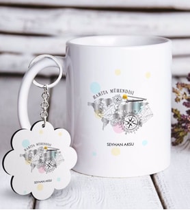 BK Gift Kişiye Özel Mesleki Harita Mühendisi Beyaz Kupa ve Anahtarlık Hediye Seti-2 (Model 1)