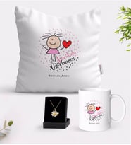 BK Gift Kişiye Özel Anaokulu Öğretmeni Beyaz Kupa Yastık ve İsimli Papatya Kolye Hediye Seti-5 (Model 1)
