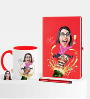 BK Gift Kişiye Özel Yılbaşı Temalı Bayan Karikatürlü Kırmızı Defter Kalem Kupa Seti - 6